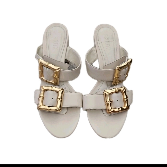 Schutz Womens Ivory Enola Mid Block Sandal With Gold Buckle 10 - Picture 3 of 14